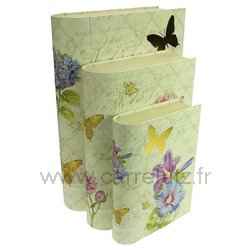 Ensemble de 3 boites forme livre décor fleur papillon